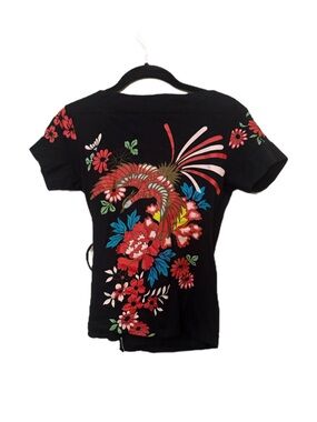 Y2K Black Floral Wrap Top with Red Daisy Details and Bold Bird Print on Back
